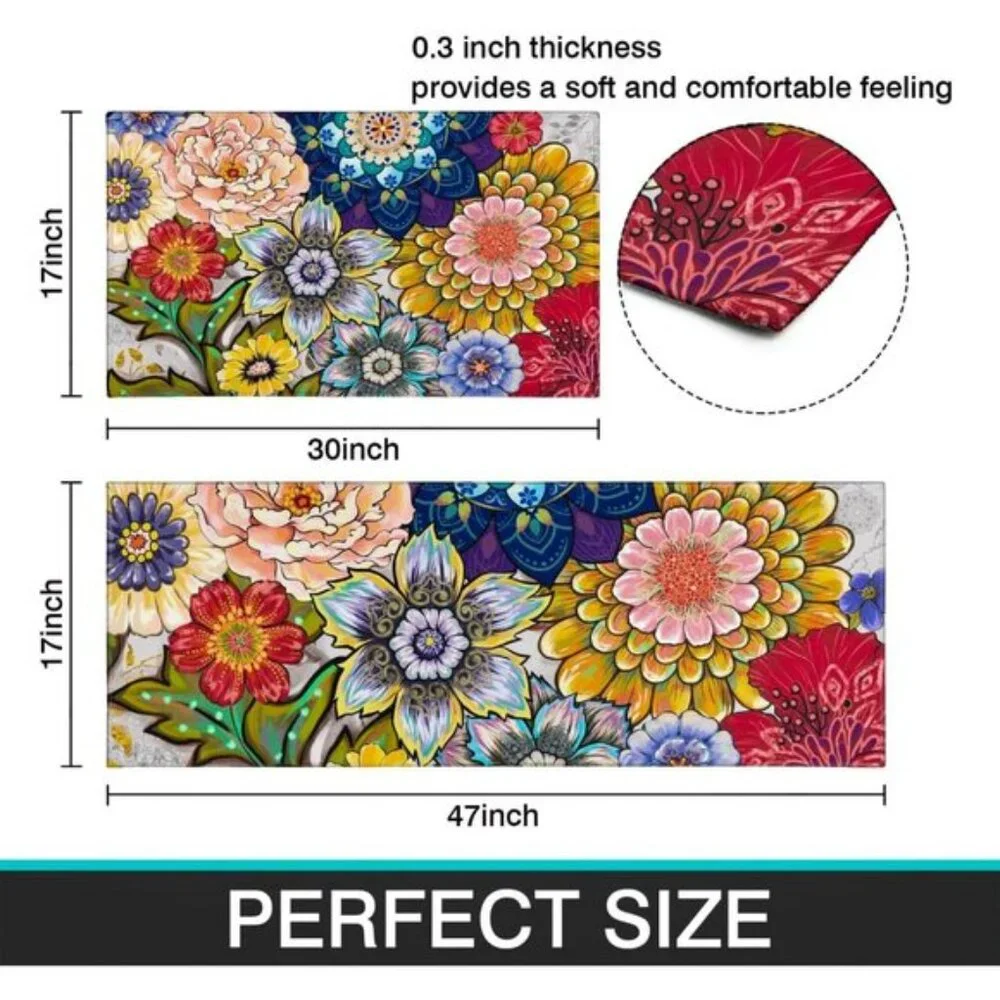 New Colorful 2-Piece Floral Kitchen Rug Set, Decorative Low-Profile Mats